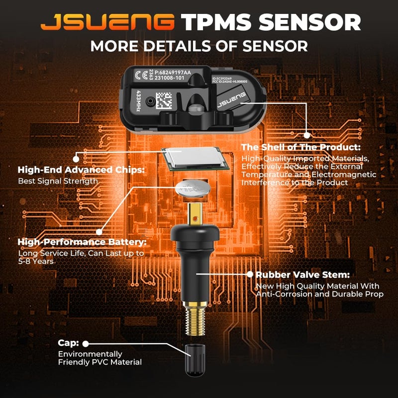 Jsueng TPMS Sensor, 4-Pack Tire Pressure Monitoring Sensor Compatible with Dodge RAM 1500 2500 3500 4500, Jeep Cherokee Replaces 68249197AA 68157568AA 433mhz - Image 4